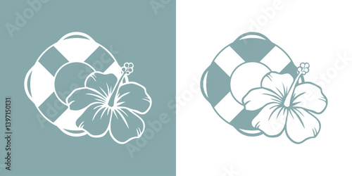 Logo nautical. Vacaciones en Hawái. Silueta de anillo salvavidas con flor de hibisco con líneas 
