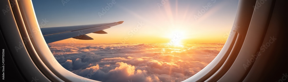 Fototapeta premium A stunning view from an airplane window, showcasing a wing against a vibrant sunset over fluffy clouds.