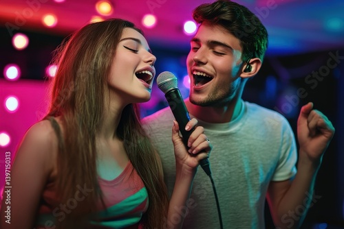 Young couple enjoys singing together at a lively karaoke night in a colorful venue
