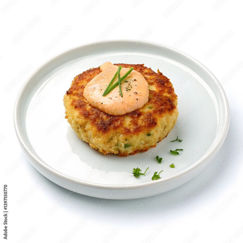 Delicious seafood cake topped with creamy sauce on a white plate Delicious seafood cake topped with creamy sauce on a white plate