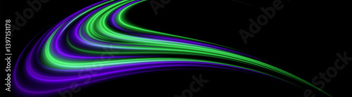 Color wave arc. Green and violet glowing trails create high-speed motion sweep. Futuristic flow, energy bend, neon burst.