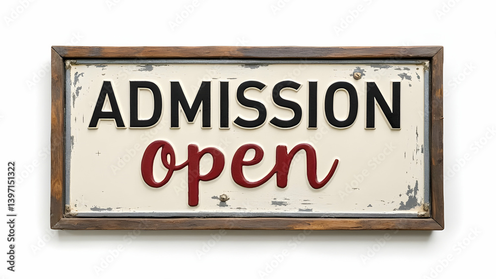 A weathered, rustic wooden-framed metal sign announces 'Admission Open' in bold black and elegant red lettering. The distressed paint adds character. A weathered, rustic wooden-framed metal sign announces 'Admission Open' in bold black and elegant red lettering. The distressed paint adds character.