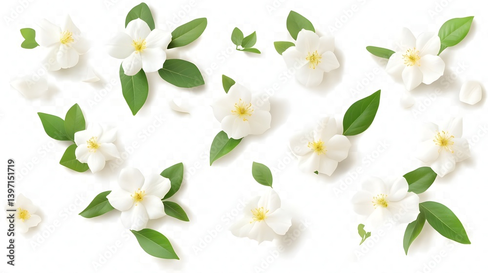 Obraz premium Beautiful White Jasmine Flowers with Yellow Stamens on White Background