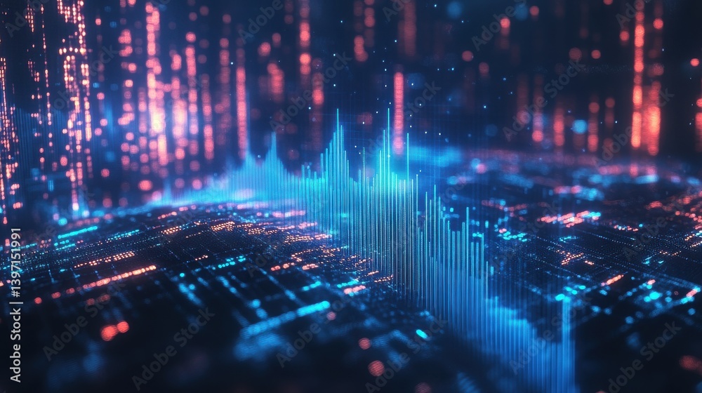 Abstract digital landscape with glowing data and charts in blue and red hues.