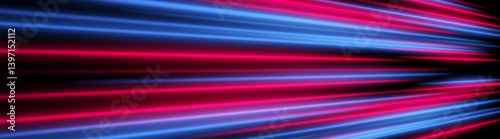 Wave light motion. Red and blue beams bend in smooth curved stream with neon blend. Digital arc energy flow.