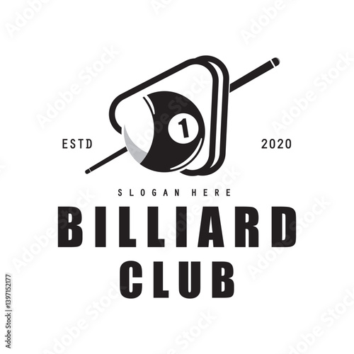 Billiard club logo with ball and stick,  Billiard Sport logo vector template illustration design