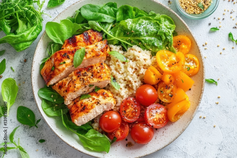 Grilled chicken bowl with quinoa, spinach, and halved colorful tomatoes. Use this image to show healthy eating for nutrition and food-related articles. Grilled chicken bowl with quinoa, spinach, and halved colorful tomatoes. Use this image to show healthy eating for nutrition and food-related articles.
