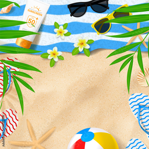 Bright summer sale card. Vector summer template with beach ball, seashells, flip flops, towel, sun glasses, tropical leaves, flowers on sand. Ads background for promotion of summer goods, events.