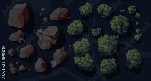 Top view green trees and rocks isolated. View from above. stone set. Wild nature landscape. Vector illustration. Night.