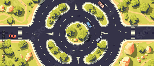 Top view of a roundabout road. Ring intersection. View from above. Country highway. Road markings and walking paths. Cars, trees, rocks set. Wild nature landscape. Cartoon design. Vector illustration.