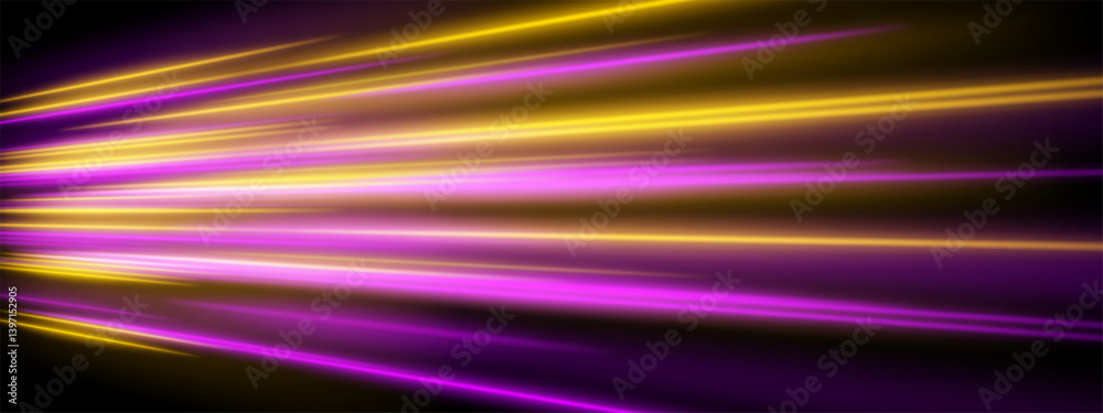 Neon speed blur. Violet and yellow lines rush outward in radiant energy flow with digital flare. Neon speed blur. Violet and yellow lines rush outward in radiant energy flow with digital flare.