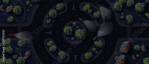 Night. Top view of a roundabout road. Ring intersection. View from above. Country highway. Road markings. Cars, trees, rocks set. Wild nature landscape. Cartoon design. Vector illustration.