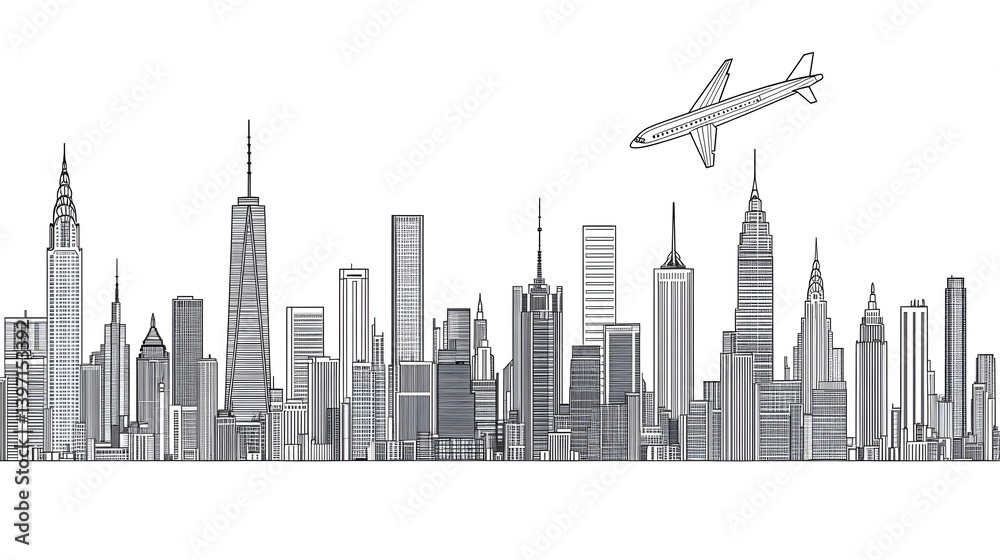 Fototapeta premium Simple Line Drawing of City Skyline with Airplane Above