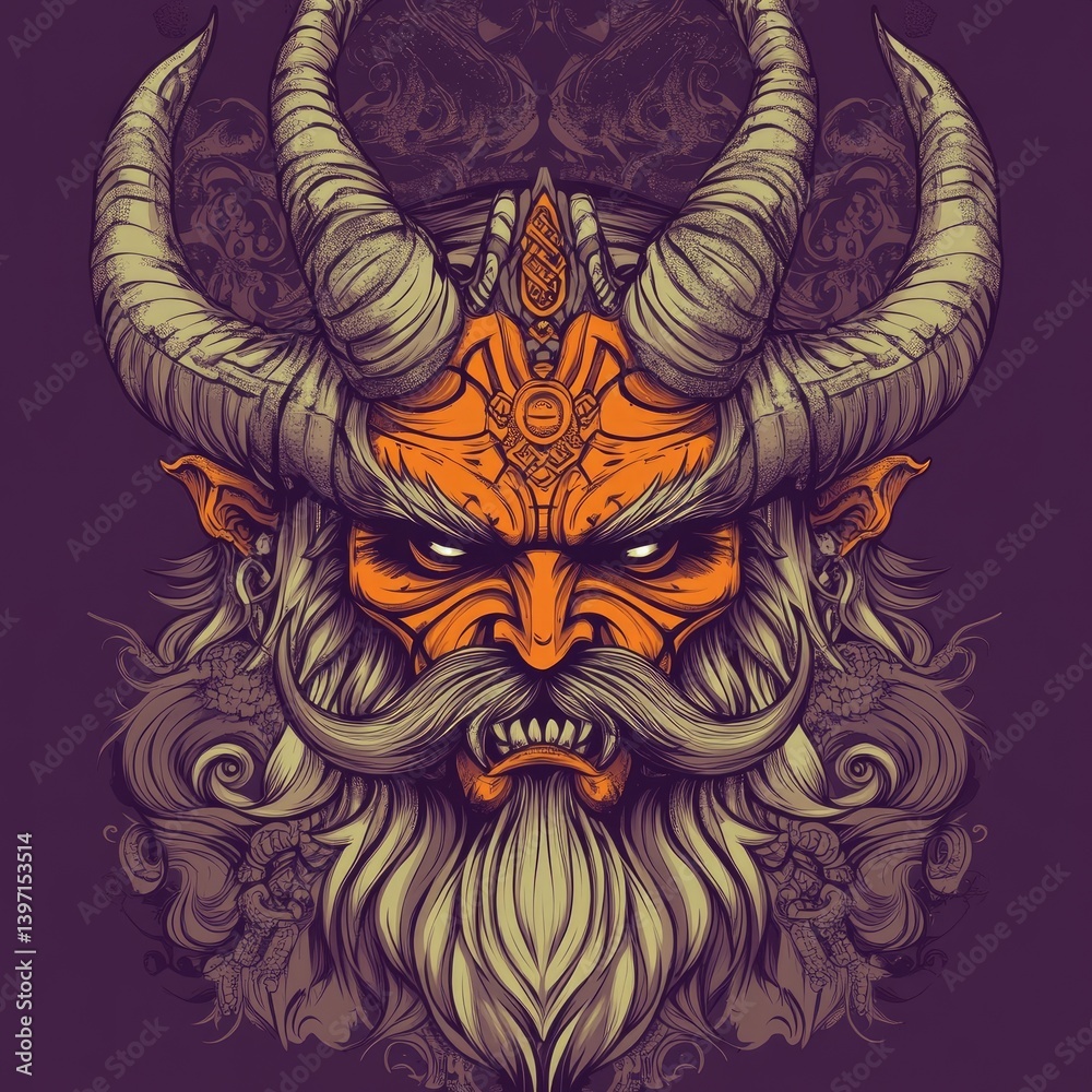 Fototapeta premium A fierce illustration of a horned demon with an intricate design.