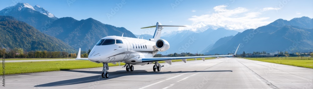 A sleek private jet on an airport runway with a stunning mountain backdrop and clear blue skies. A sleek private jet on an airport runway with a stunning mountain backdrop and clear blue skies.