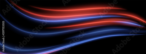 Color stream flow. Red and blue glowing ribbons float in soft fluid motion with layered light dynamics.