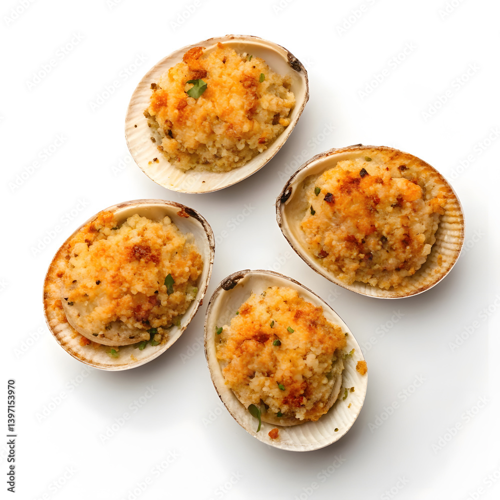Savory baked clams topped with golden breadcrumbs and herbs Savory baked clams topped with golden breadcrumbs and herbs