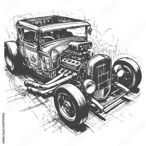 Hand-Drawn Hot Rod Vector – Sketch Style Custom Car Illustration for T-Shirts, Stickers, and Posters.