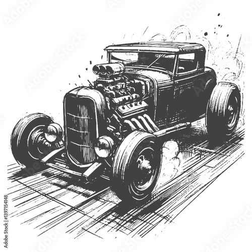 Hand-Drawn Hot Rod Vector – Sketch Style Custom Car Illustration for T-Shirts, Stickers, and Posters.