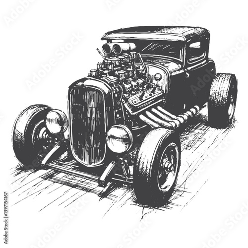 Hand-Drawn Hot Rod Vector – Sketch Style Custom Car Illustration for T-Shirts, Stickers, and Posters.