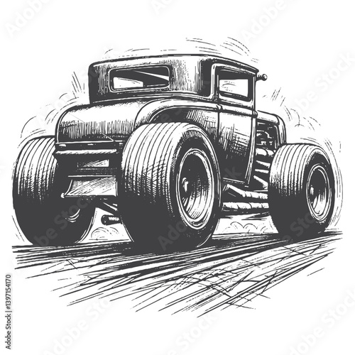 Hand-Drawn Hot Rod Vector – Sketch Style Custom Car Illustration for T-Shirts, Stickers, and Posters.