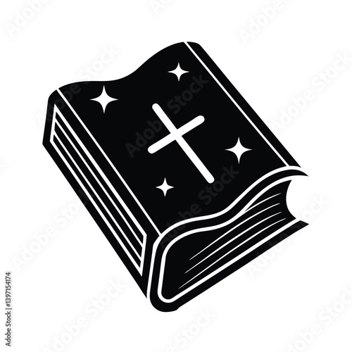 Holy Bible Book Black And White Icon With Sparkling Stars And Cross