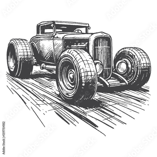 Hand-Drawn Hot Rod Vector – Sketch Style Custom Car Illustration for T-Shirts, Stickers, and Posters.