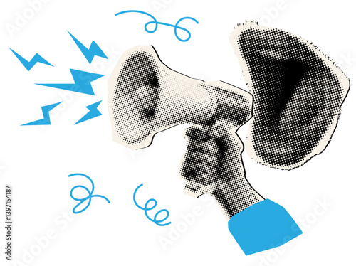 Trending halftone style collage poster with screaming female mouth and loudspeaker in hand with halftone effect