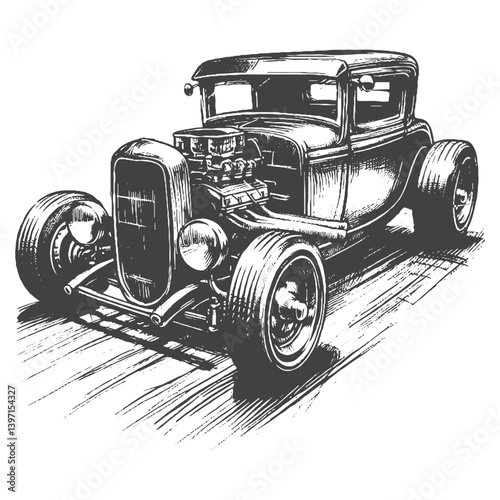 Hand-Drawn Hot Rod Vector – Sketch Style Custom Car Illustration for T-Shirts, Stickers, and Posters.