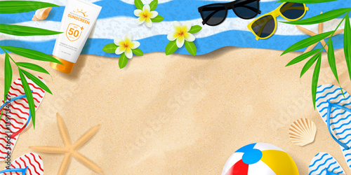 Bright summer banner template. Vector summer banner with beach ball, seashells, flip flops, towel, sun glasses, tropical leaves, flowers on sand. Ads background for promotion of summer goods, events.