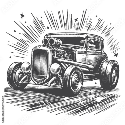 Hand-Drawn Hot Rod Vector – Sketch Style Custom Car Illustration for T-Shirts, Stickers, and Posters.
