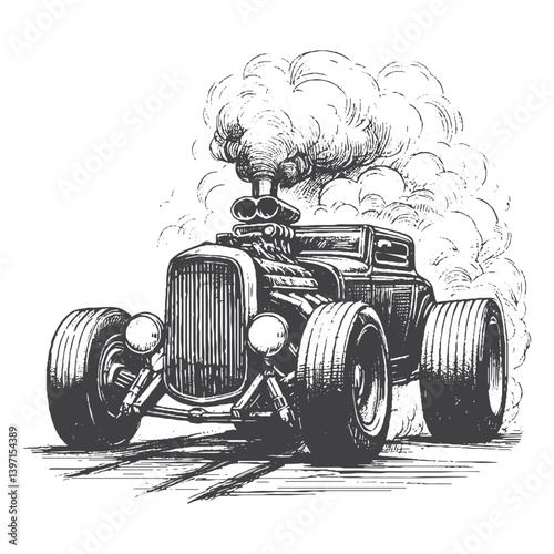 Hand-Drawn Hot Rod Vector – Sketch Style Custom Car Illustration for T-Shirts, Stickers, and Posters.