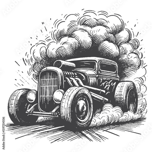 Hand-Drawn Hot Rod Vector – Sketch Style Custom Car Illustration for T-Shirts, Stickers, and Posters.