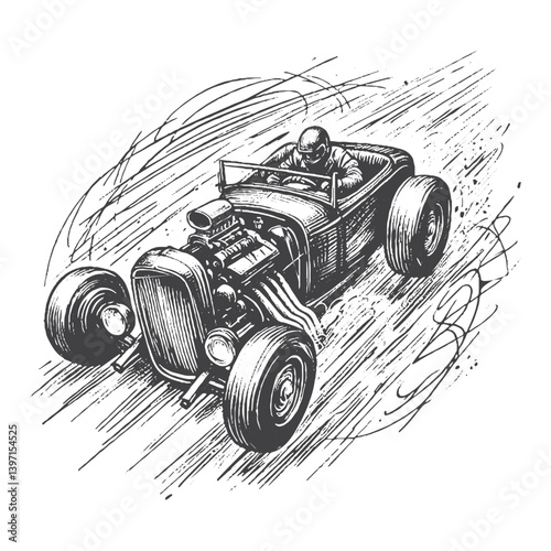 Hand-Drawn Hot Rod Vector – Sketch Style Custom Car Illustration for T-Shirts, Stickers, and Posters.