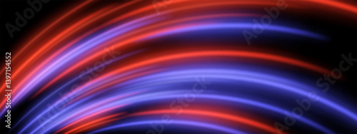 Digital arc trail. Red and blue neon beams bend into a circular stream with smooth radiant curves and depth.