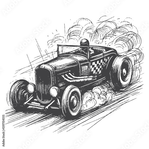 Hand-Drawn Hot Rod Vector – Sketch Style Custom Car Illustration for T-Shirts, Stickers, and Posters.