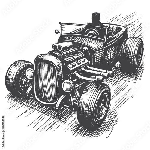 Hand-Drawn Hot Rod Vector – Sketch Style Custom Car Illustration for T-Shirts, Stickers, and Posters.