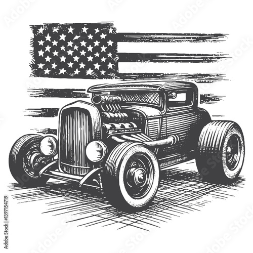 Hand-Drawn Hot Rod Vector – Sketch Style Custom Car Illustration for T-Shirts, Stickers, and Posters.