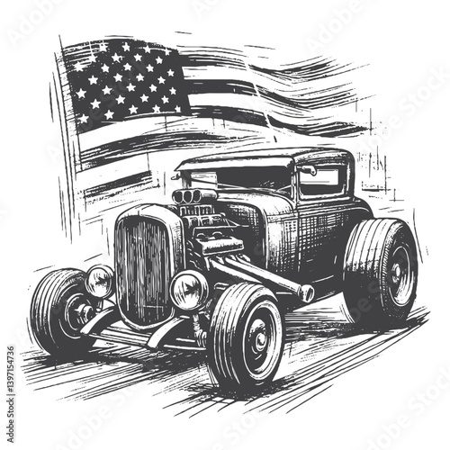 Hand-Drawn Hot Rod Vector – Sketch Style Custom Car Illustration for T-Shirts, Stickers, and Posters.