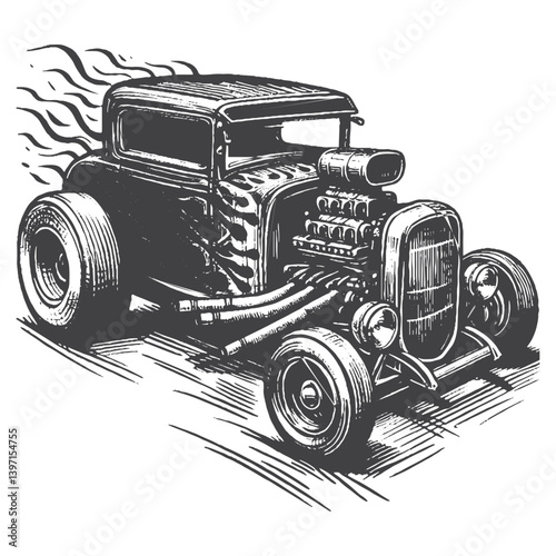 Hand-Drawn Hot Rod Vector – Sketch Style Custom Car Illustration for T-Shirts, Stickers, and Posters.