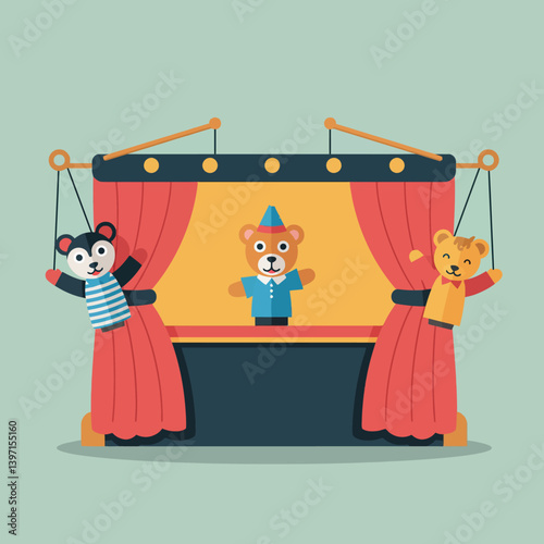 Colorful puppet theater stage featuring playful bear and animal puppets in a flat vector illustration style, evoking joy and creativity in childrens entertainment