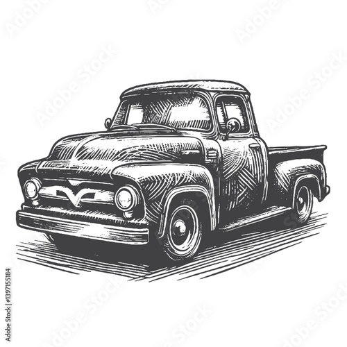 Hand-Drawn Vintage Pickup Truck Vector – Sketch Style Classic Vehicle Illustration for T-Shirts, Stickers, and Posters
