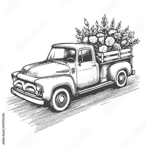 Hand-Drawn Vintage Pickup Truck Vector – Sketch Style Classic Vehicle Illustration for T-Shirts, Stickers, and Posters