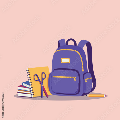 Purple school backpack surrounded by notebooks, scissors, and a pencil in a flat vector illustration