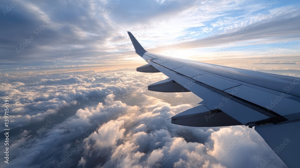 Obraz premium Aerial view from an airplane wing, showcasing clouds and a stunning sunset, capturing the beauty of flight and travel.