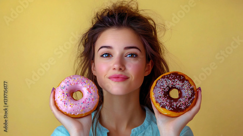 Wallpaper Mural Attractive Young Woman Indulging in Delicious Sweets, Holding Donut and Posing with Treats in Hands for Foodie Lifestyle Editorial Photo with Clean Background Torontodigital.ca