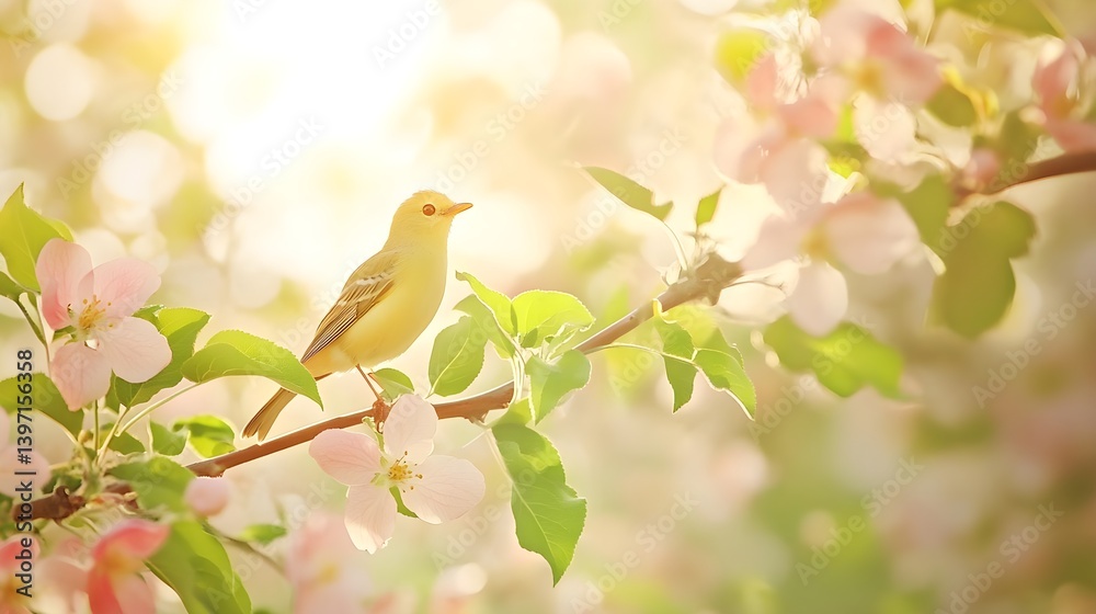 Fototapeta premium Small Bird Perched on Branch of Apple Tree Surrounded by Blossoms