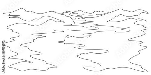 Continuous one line drawing winding river valley. River landscape.