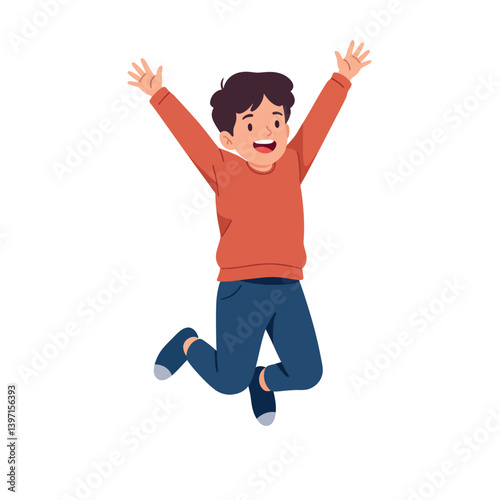 Happy boy jumping joyfully in a vibrant red sweater, showcasing flat design style, celebrating life with exuberance in this colorful vector illustration