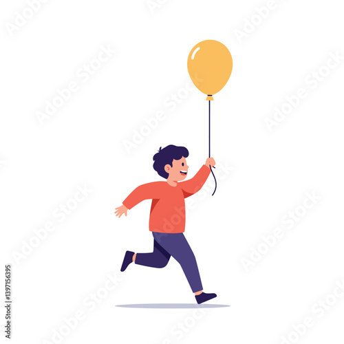A joyful boy in a red shirt running with a yellow balloon, minimalistic design, showcasing happiness and freedom in vibrant vector art